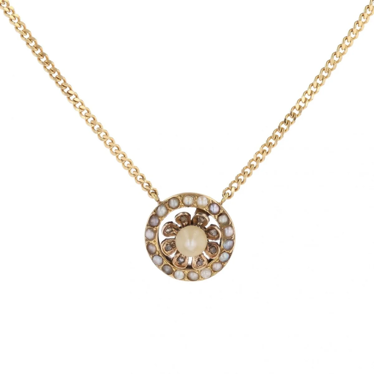 Necklace Pendant in yellow gold, pearls and diamonds