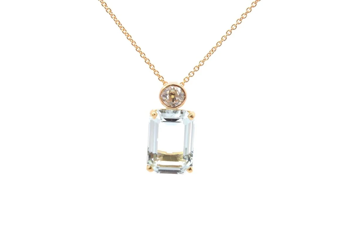 Pendant chain in yellow gold, aquamarine and diamonds - Image 3