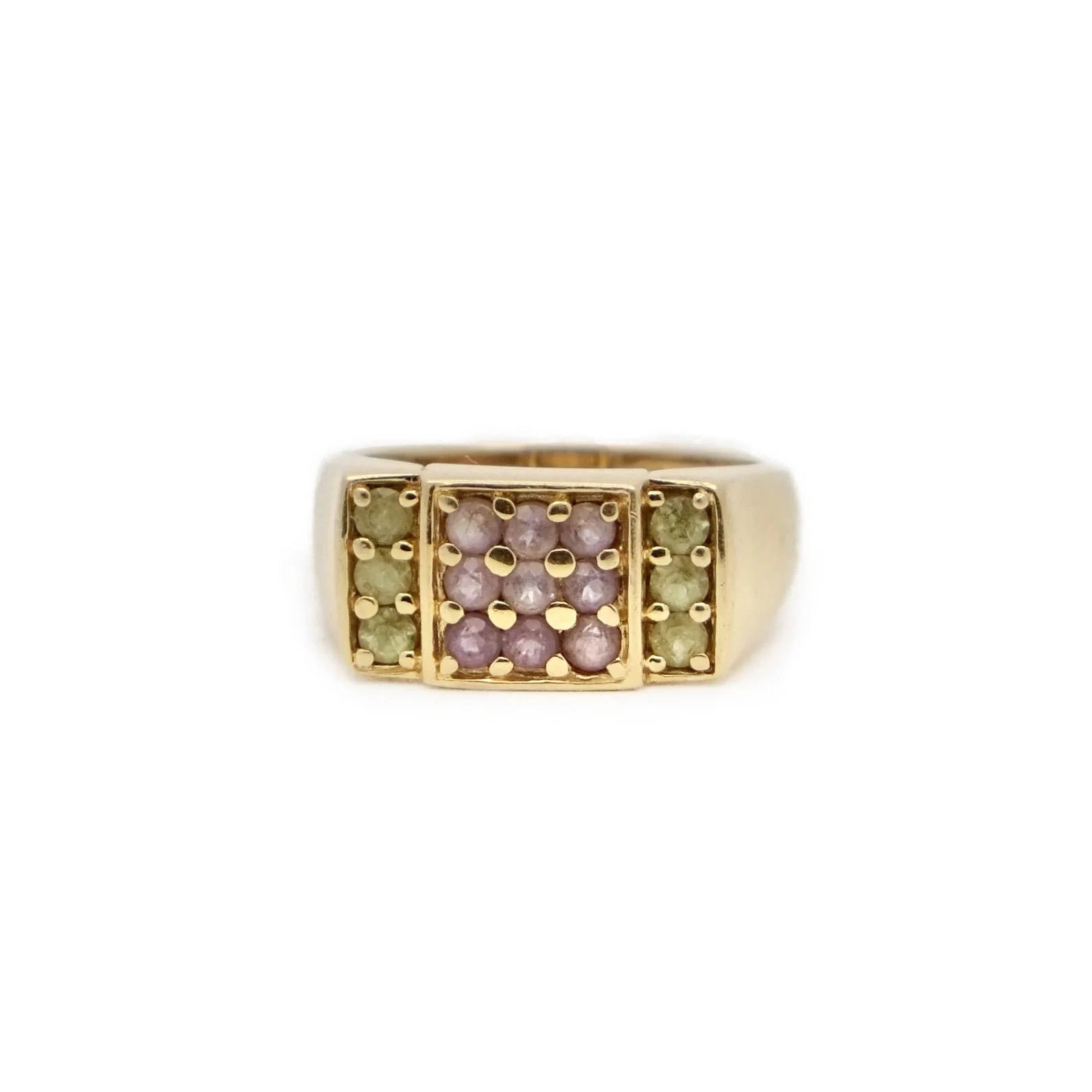 Ring signet ring in yellow gold and amethyst and peridot