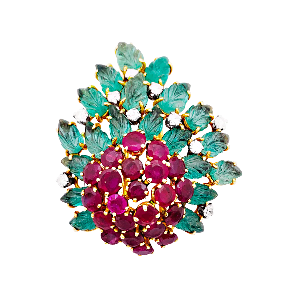 Brooch Clip in yellow gold, rubies, emeralds and diamonds