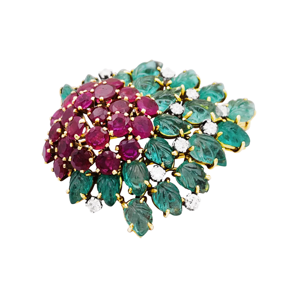 Brooch Clip in yellow gold, rubies, emeralds and diamonds - Image 3