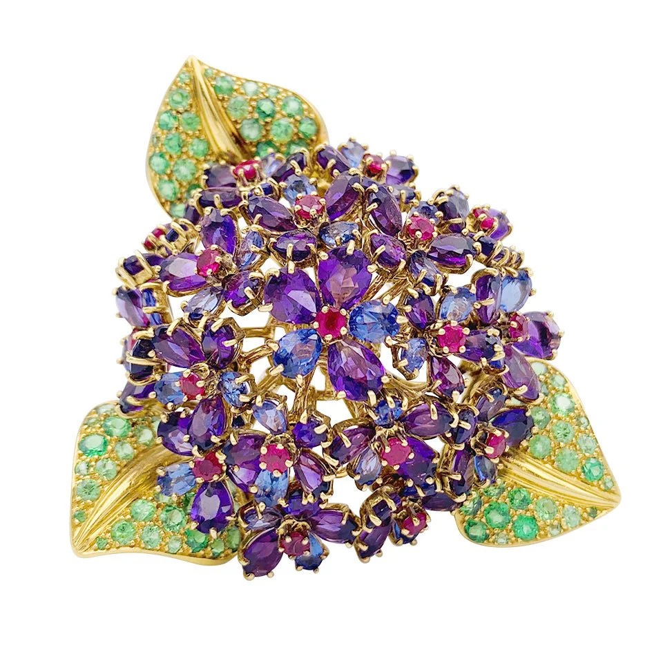 René Boivin clip, "Bouquet de Violettes", Yellow gold, colored gems. - Image 6