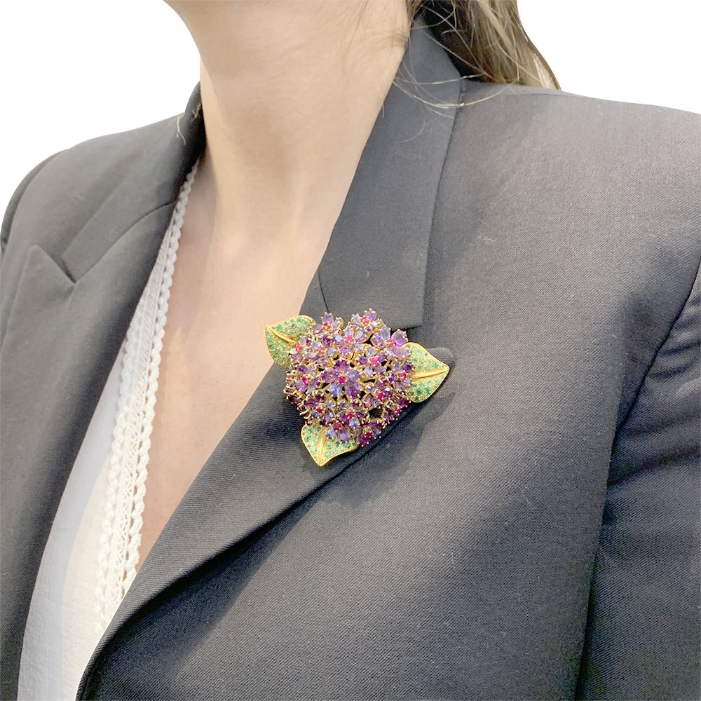 René Boivin clip, "Bouquet de Violettes", Yellow gold, colored gems. - Image 8