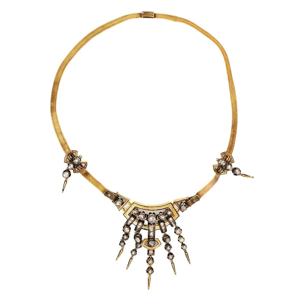Necklace with 19th century tassels in yellow gold, silver, black enamel and diamonds.