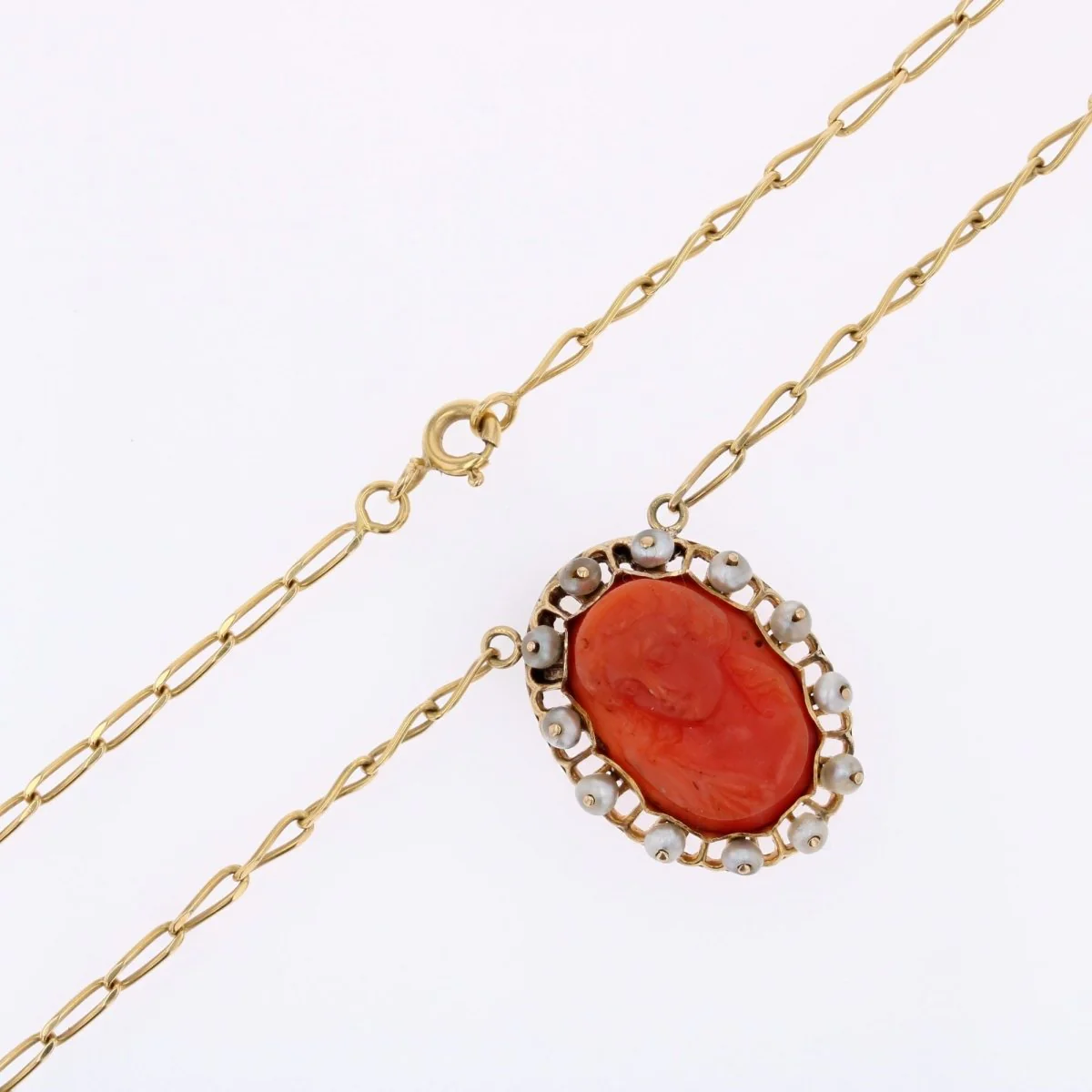 Necklace Pendant in yellow gold, coral and pearl - Image 6