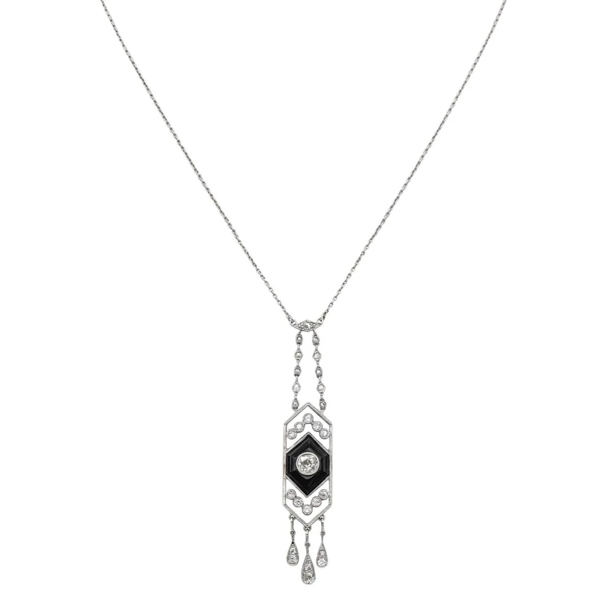 Platinum, onyx and diamond chain necklace