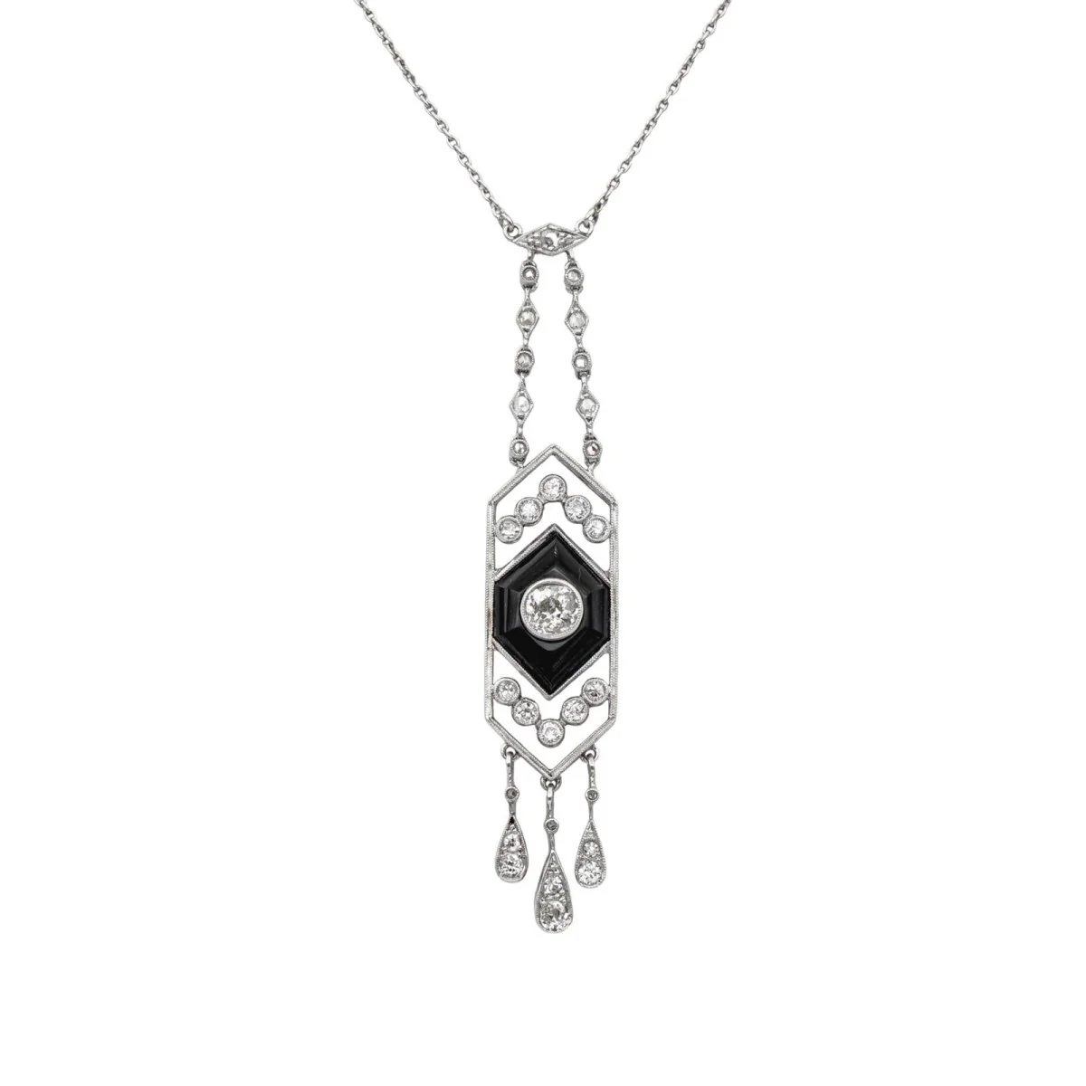 Platinum, onyx and diamond chain necklace - Image 3