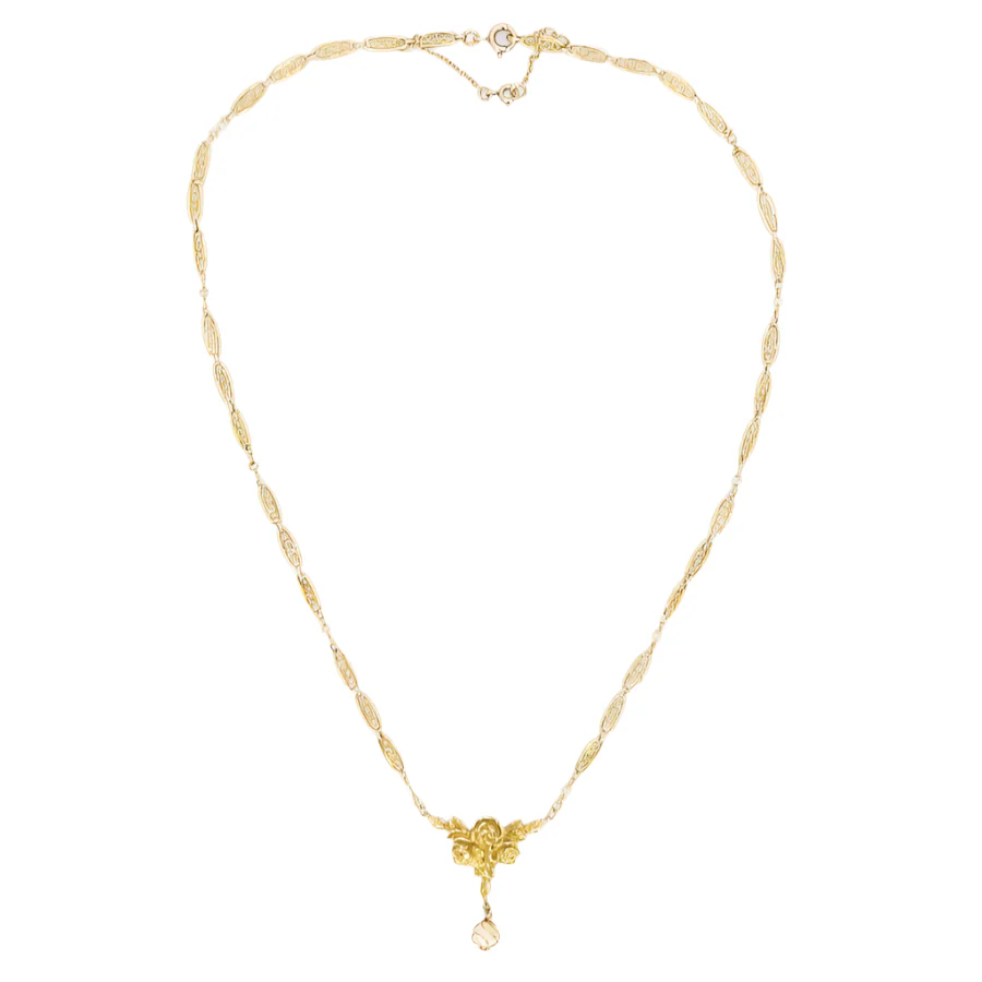 Necklace filigree mesh in yellow gold and fine pearls - Image 3