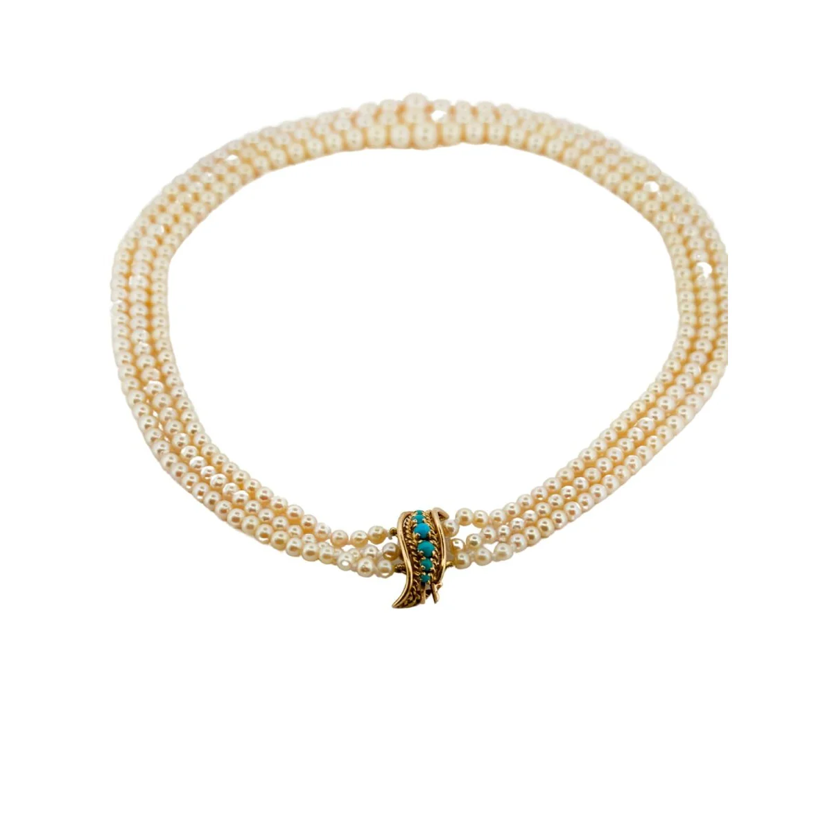 Pearl necklace in yellow gold and turquoise
