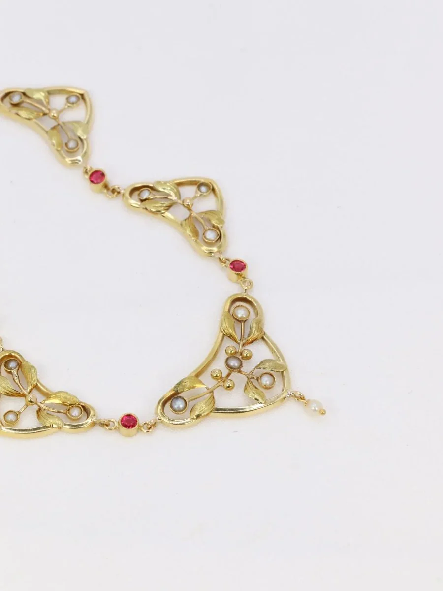 Art Nouveau drapery necklace in yellow gold, fine pearls and pink stones - Image 3