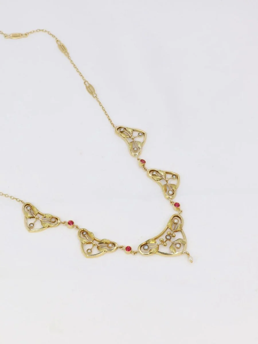 Art Nouveau drapery necklace in yellow gold, fine pearls and pink stones - Image 4