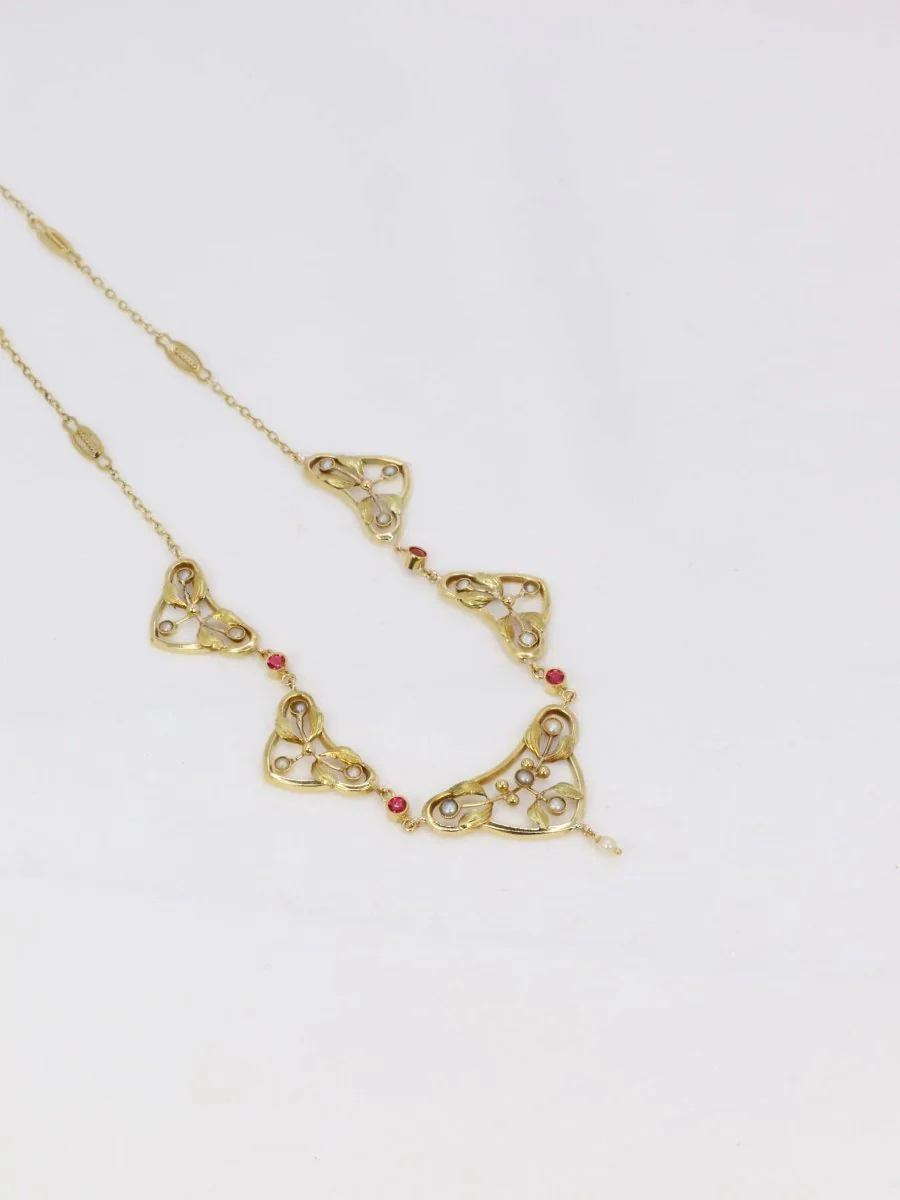 Art Nouveau drapery necklace in yellow gold, fine pearls and pink stones - Image 5