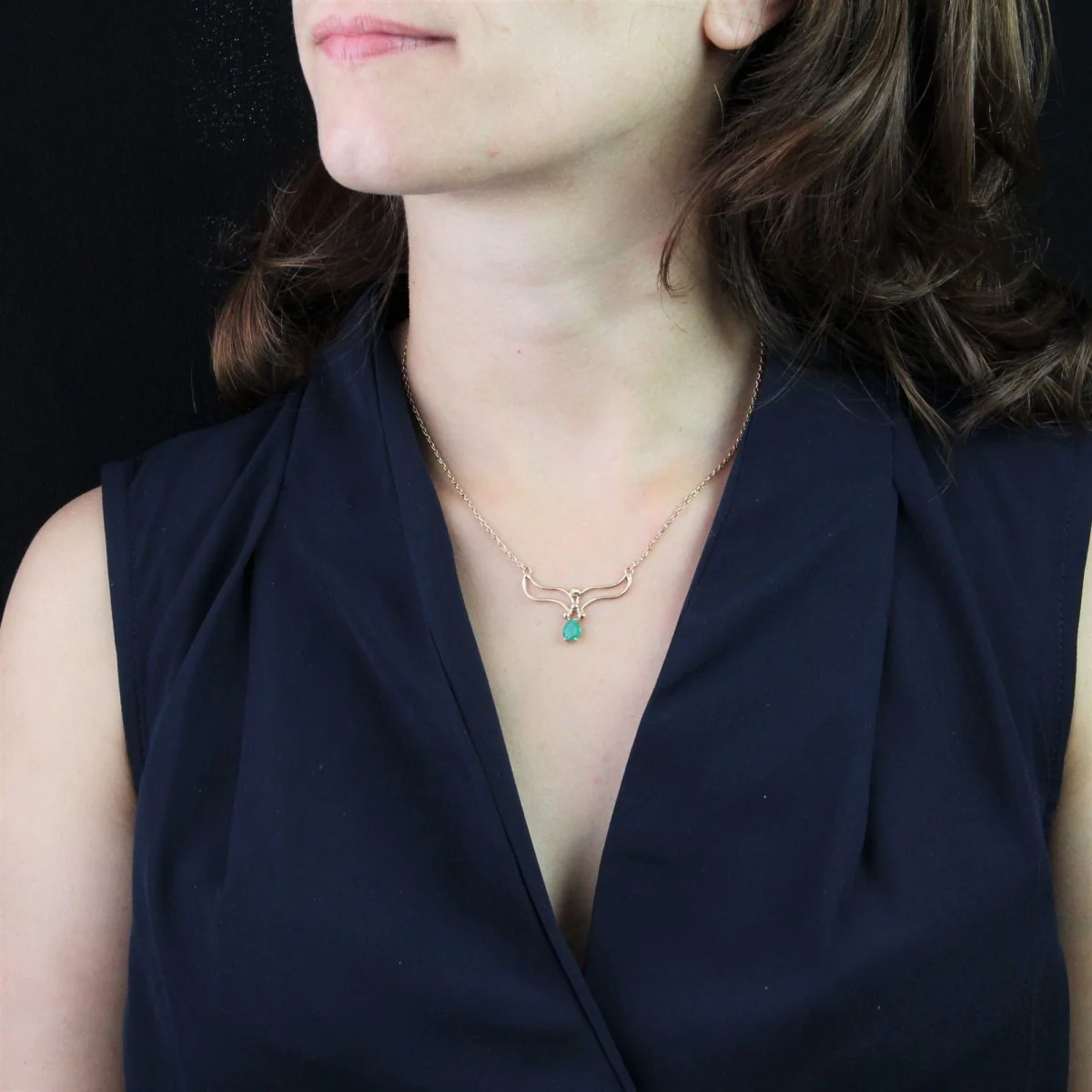 Drapery Necklace in Rose gold, Pearls, and Emerald - Image 2