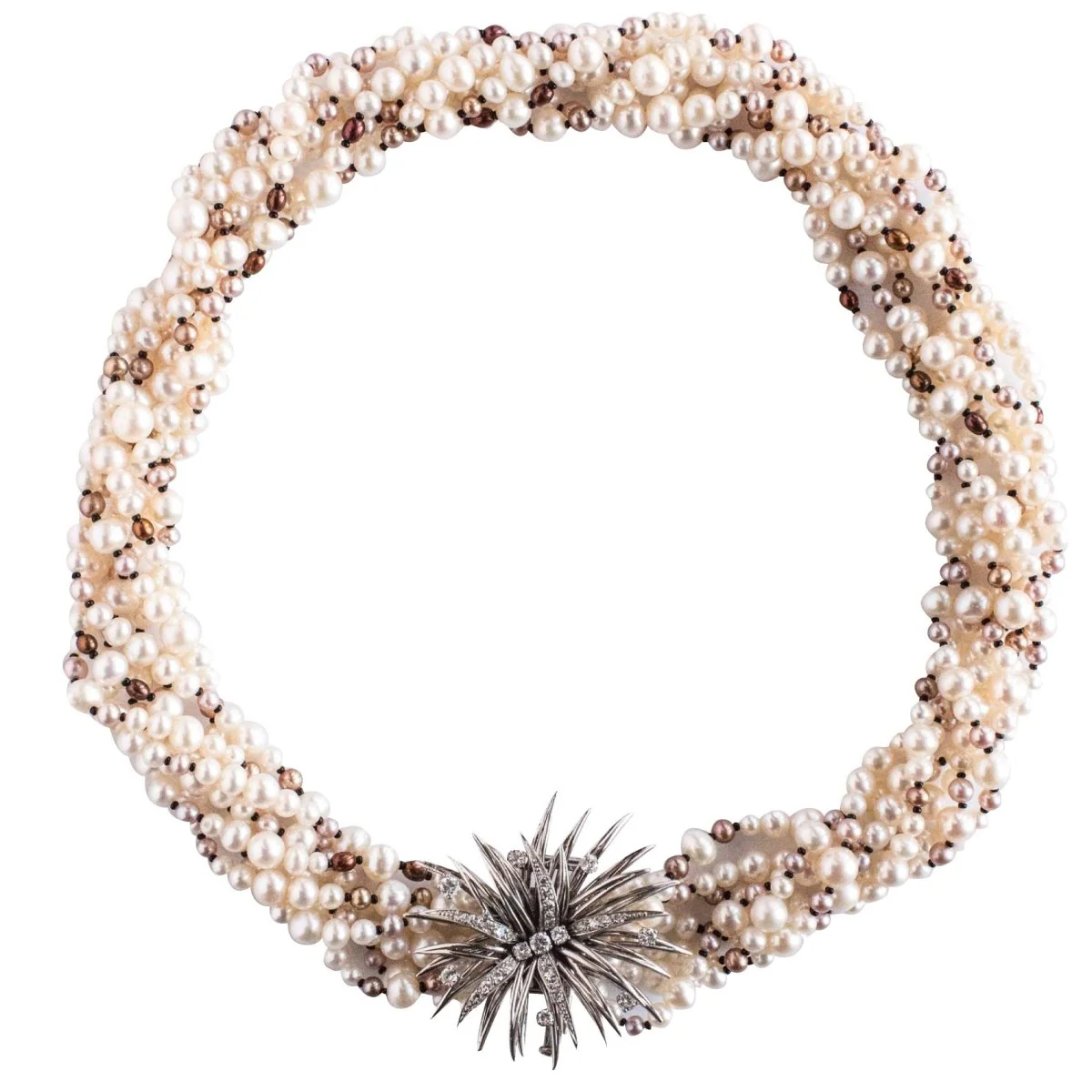 Necklace Ras de Cou in white gold, paltinium, onyx, pearls and diamonds