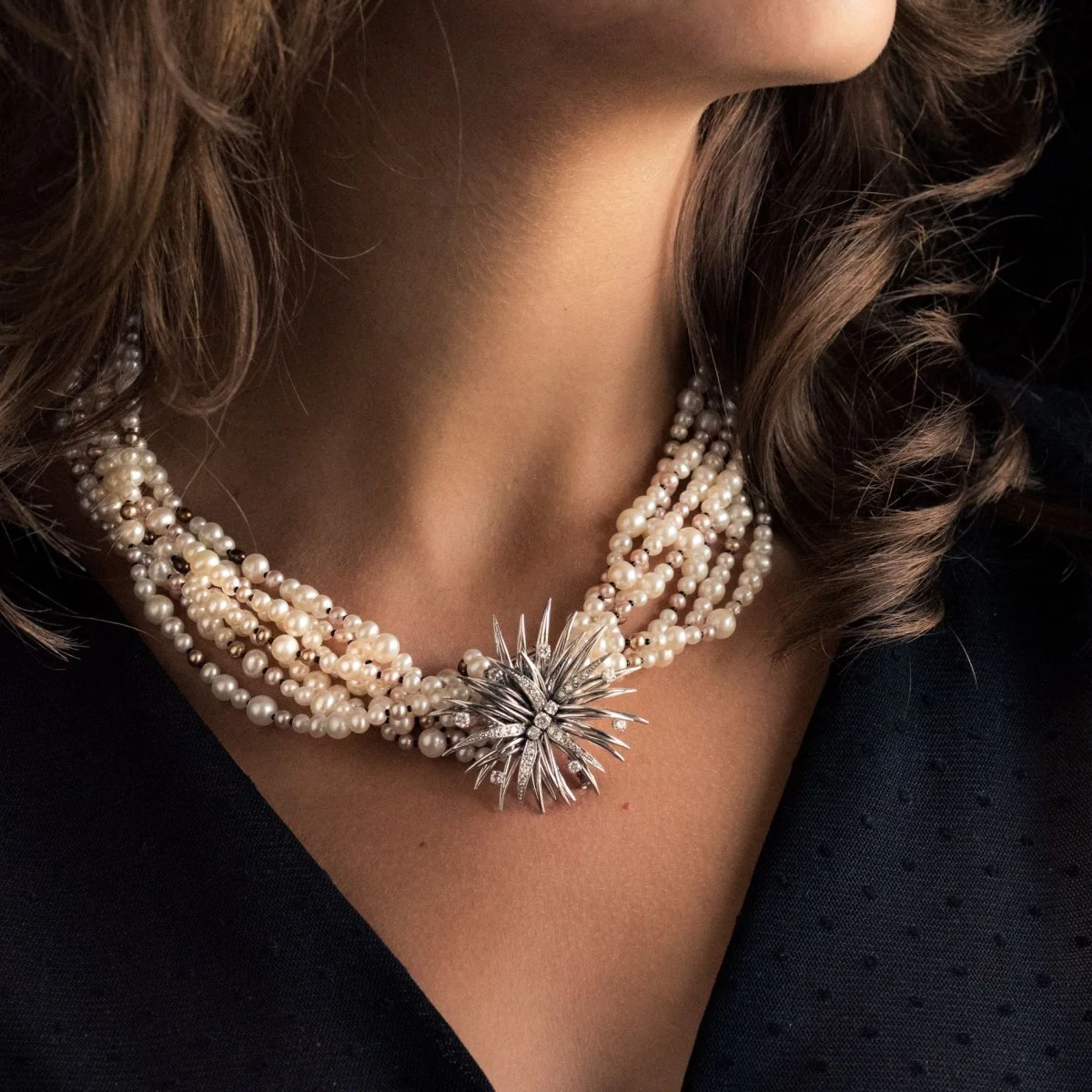 Necklace Ras de Cou in white gold, paltinium, onyx, pearls and diamonds - Image 2