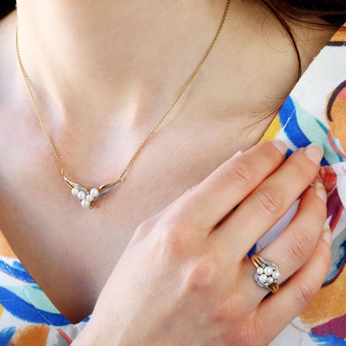 Necklace modern forçat mesh in yellow gold and white gold with diamonds and cultured pearls - Image 8