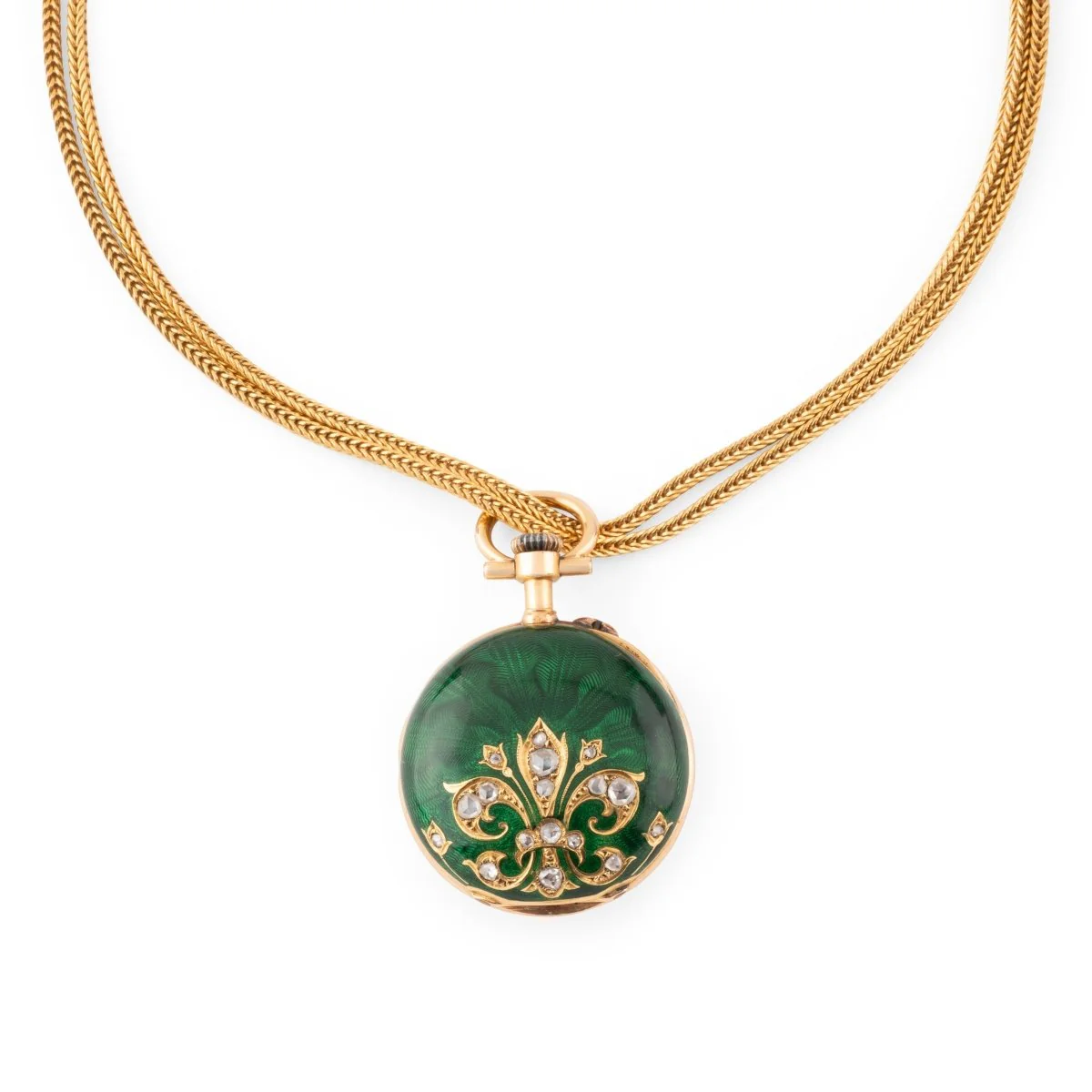 Gusset watch necklace in yellow gold, enamel and diamonds