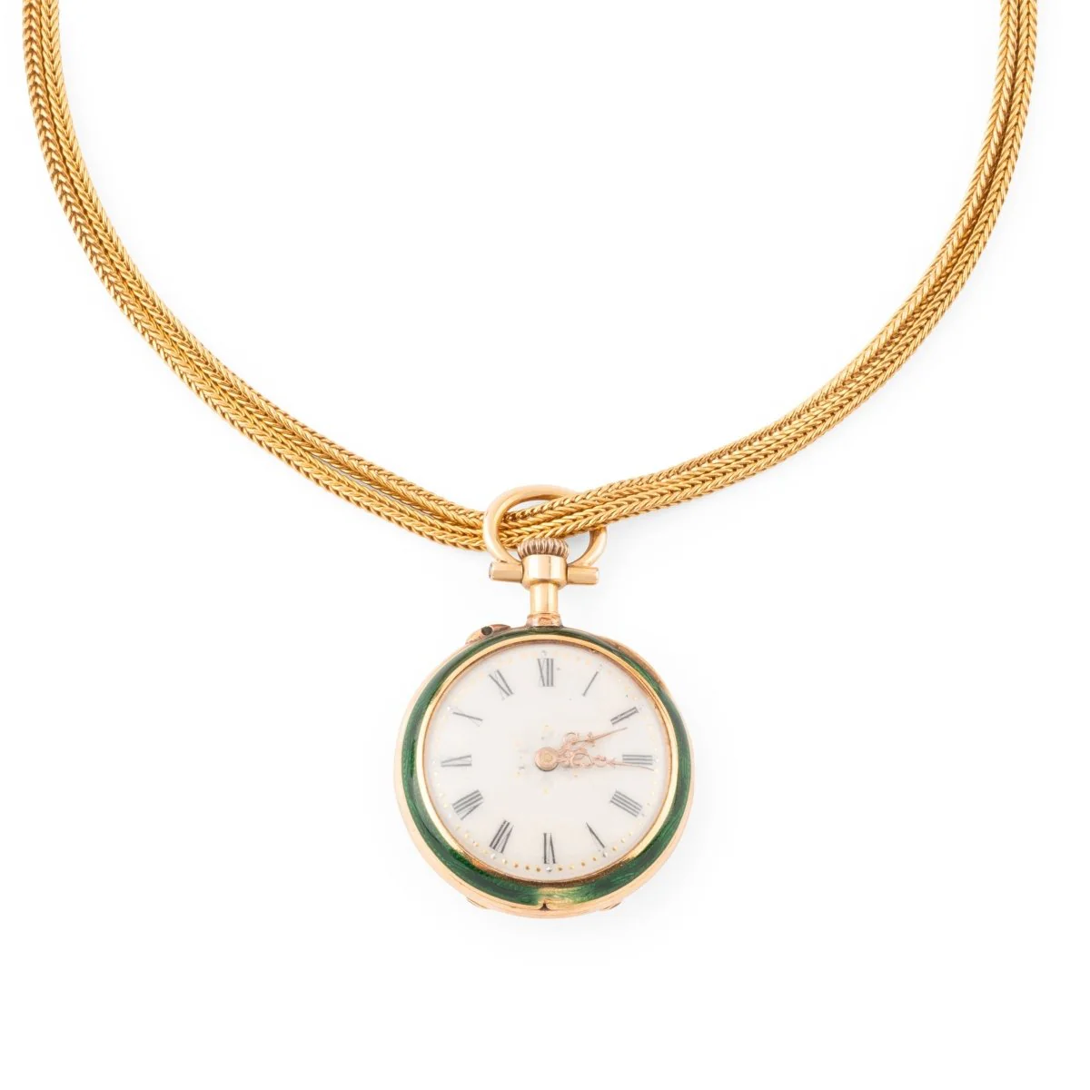 Gusset watch necklace in yellow gold, enamel and diamonds - Image 2