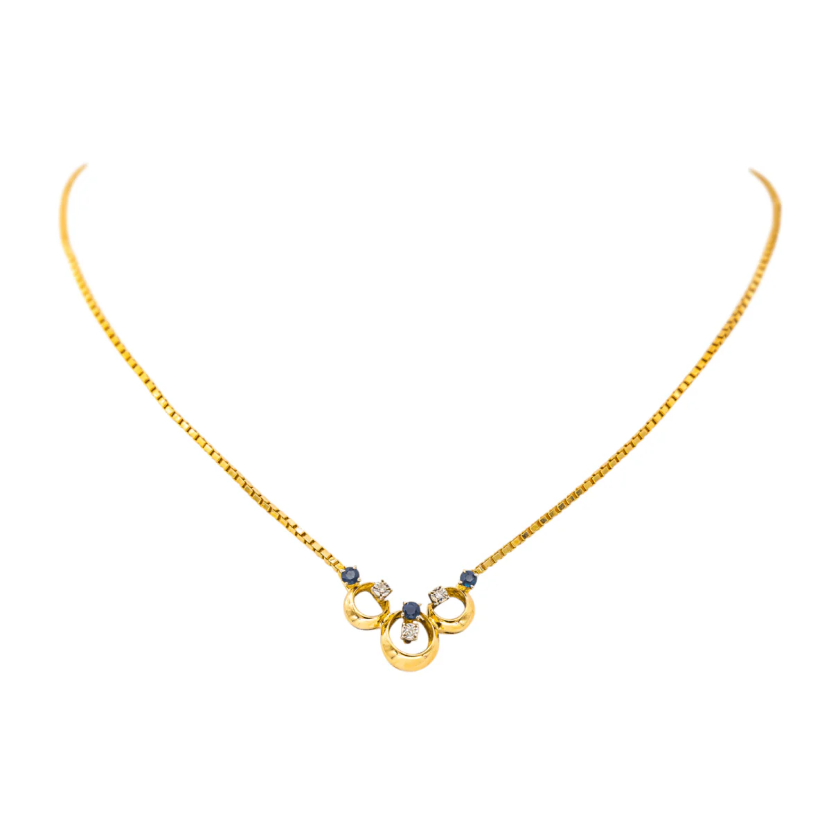 Yellow gold mesh necklace with sapphires and diamonds