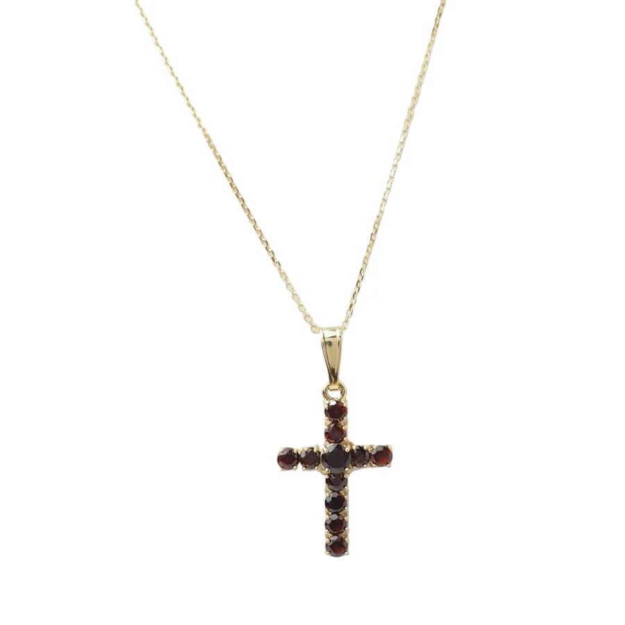Yellow gold and garnet cross pendant necklace