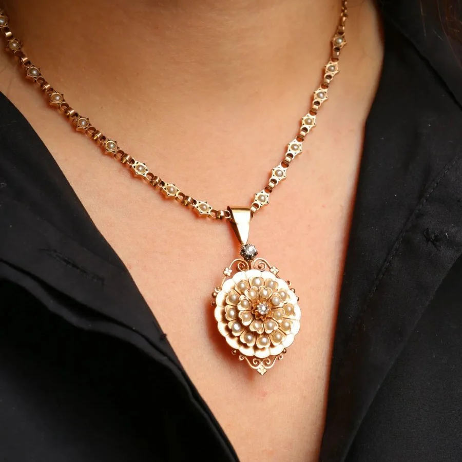 GEORGES BRUNET - Napoleon III necklace in yellow gold with diamonds and fine pearls - Image 2