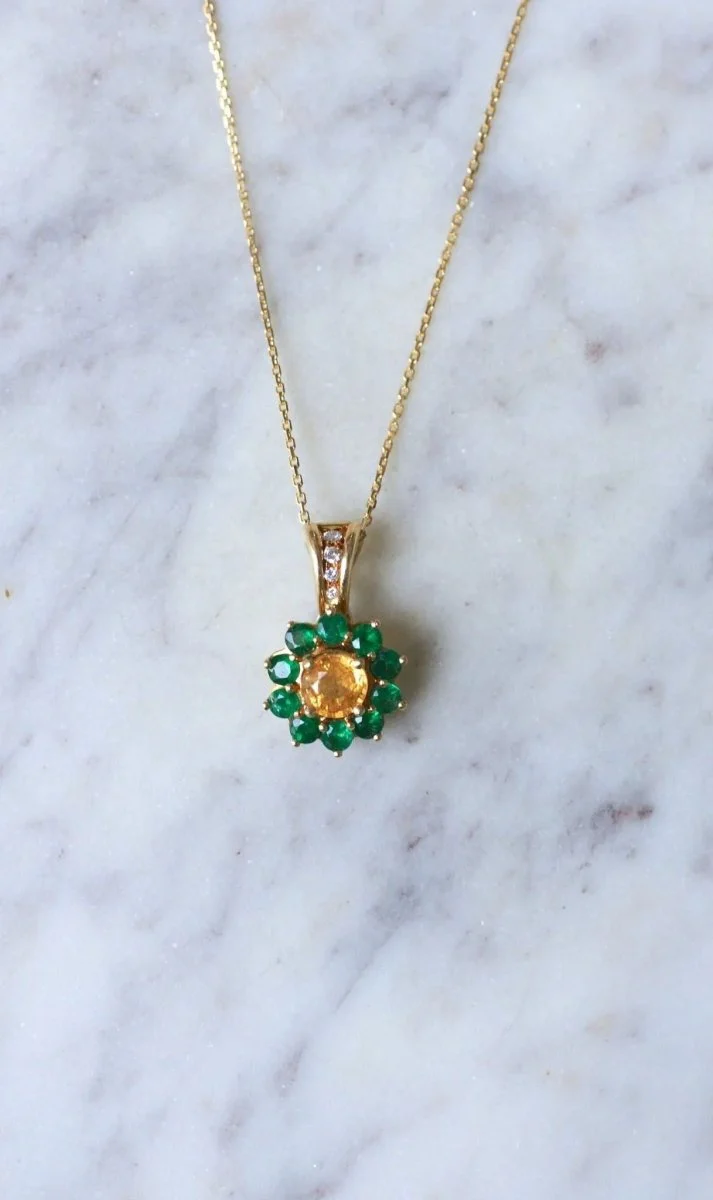 Yellow Sapphire and Emerald Daisy Pendant Necklace - Image 10