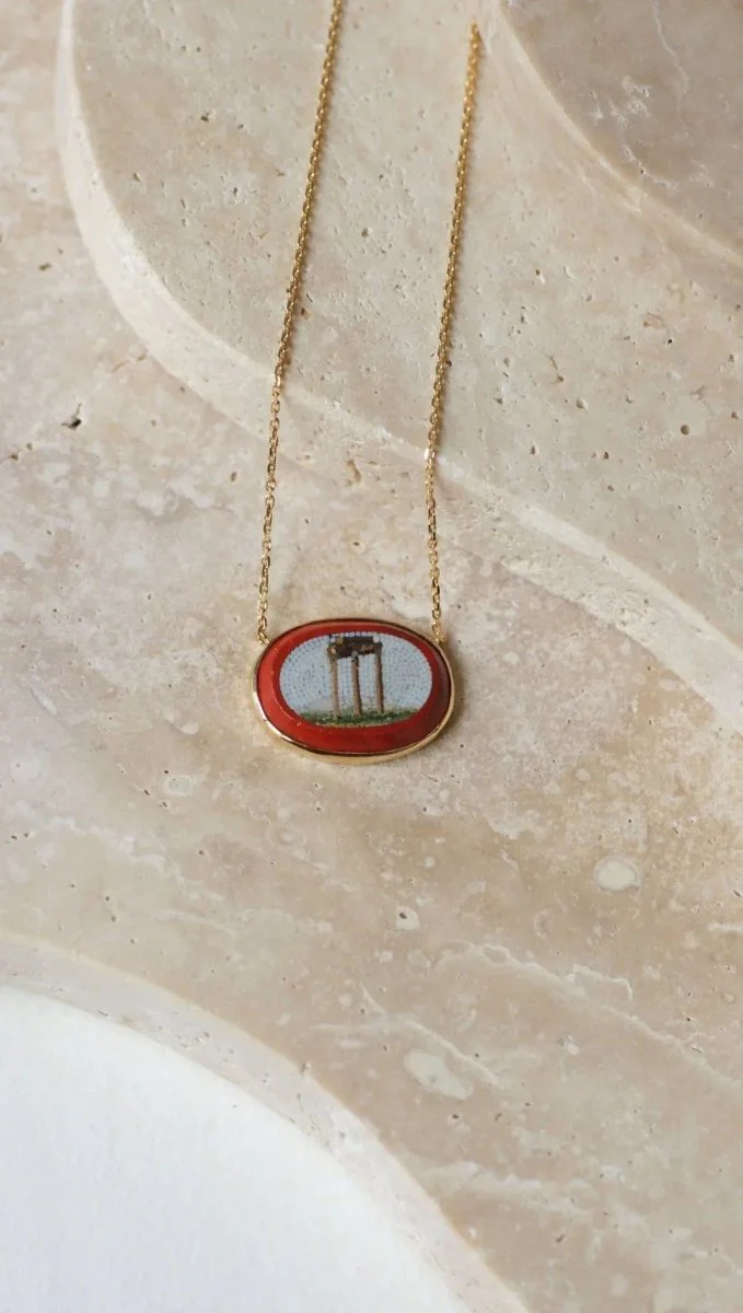 Yellow gold antique temple micro mosaic pendant necklace - Image 10