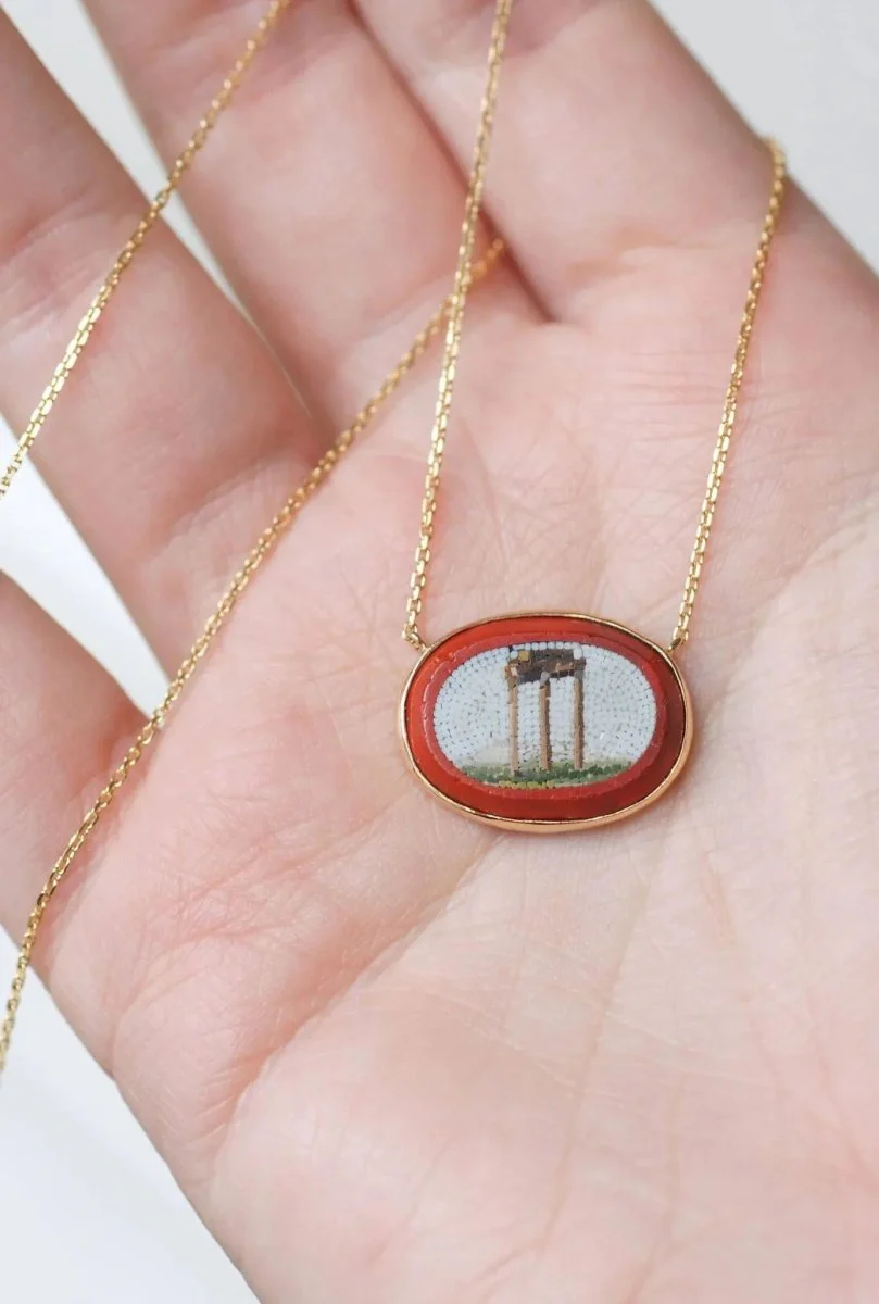 Yellow gold antique temple micro mosaic pendant necklace - Image 8