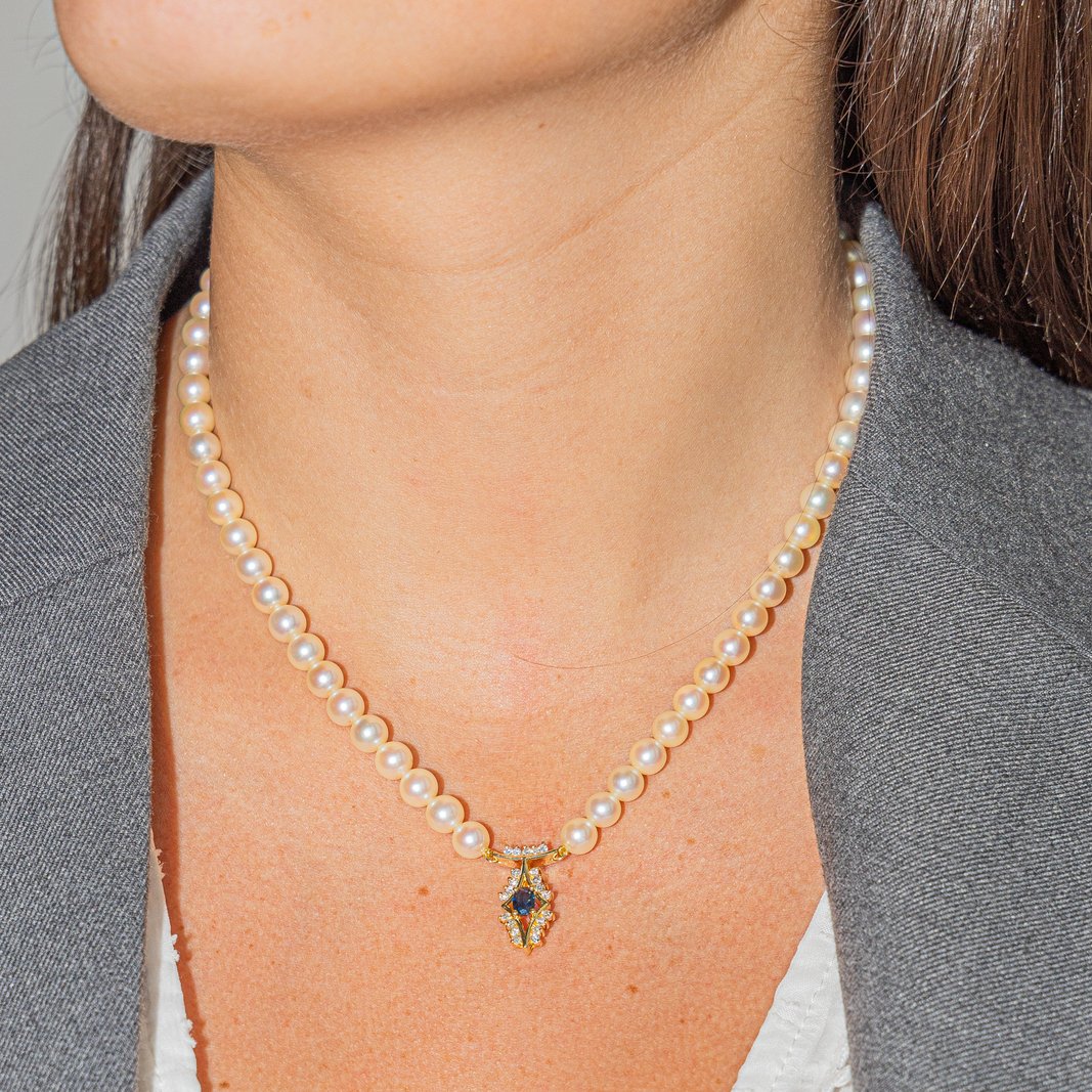 Yellow gold, pearl, sapphire and diamond necklace - Image 2
