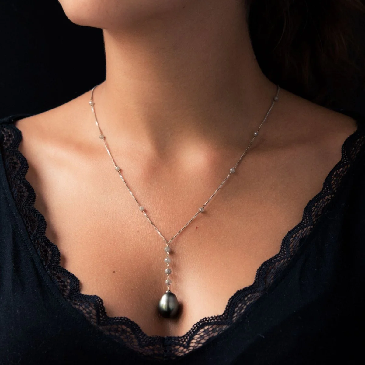 Necklace Mesh white gold, pearls and diamonds - Image 2