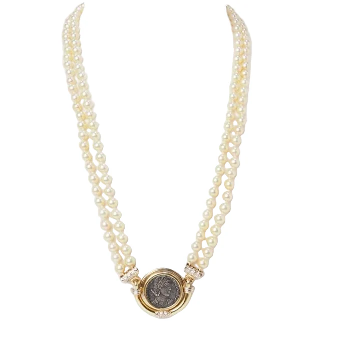 Constance II piece necklace, cultured pearl and diamonds in yellow gold