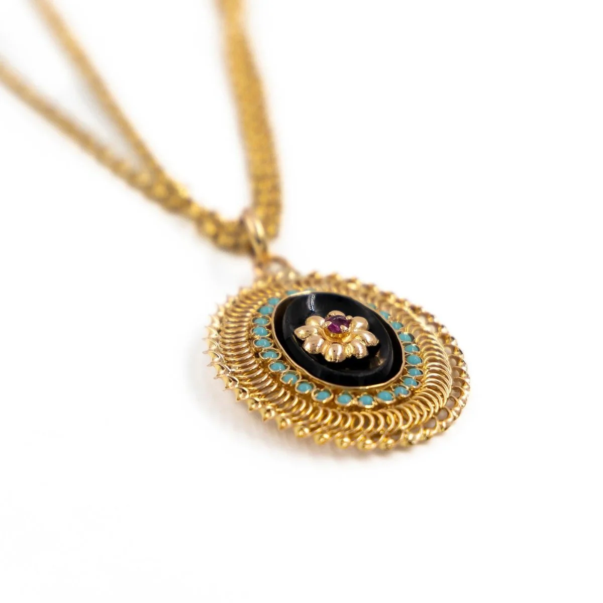 Long necklace in yellow gold, ruby, turquoise and onyx - Image 3