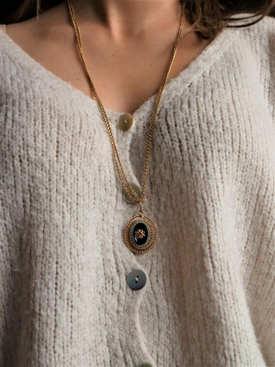 Long necklace in yellow gold, ruby, turquoise and onyx - Image 6
