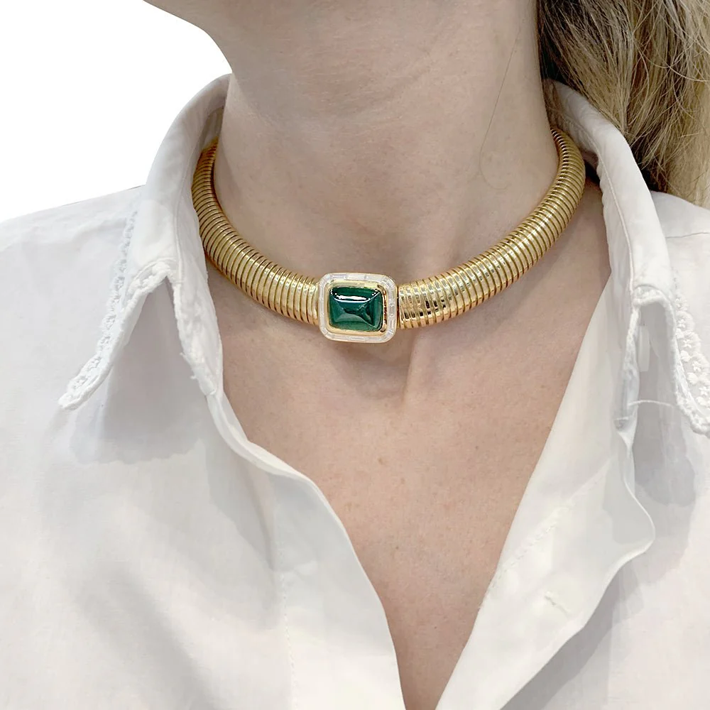Vintage tubogas necklace, yellow gold, emerald and diamonds - Image 2