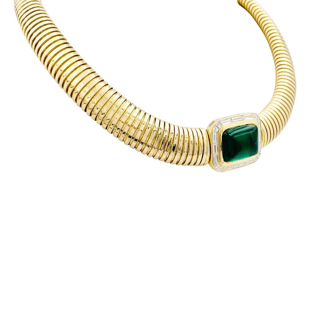 Vintage tubogas necklace, yellow gold, emerald and diamonds - Image 3