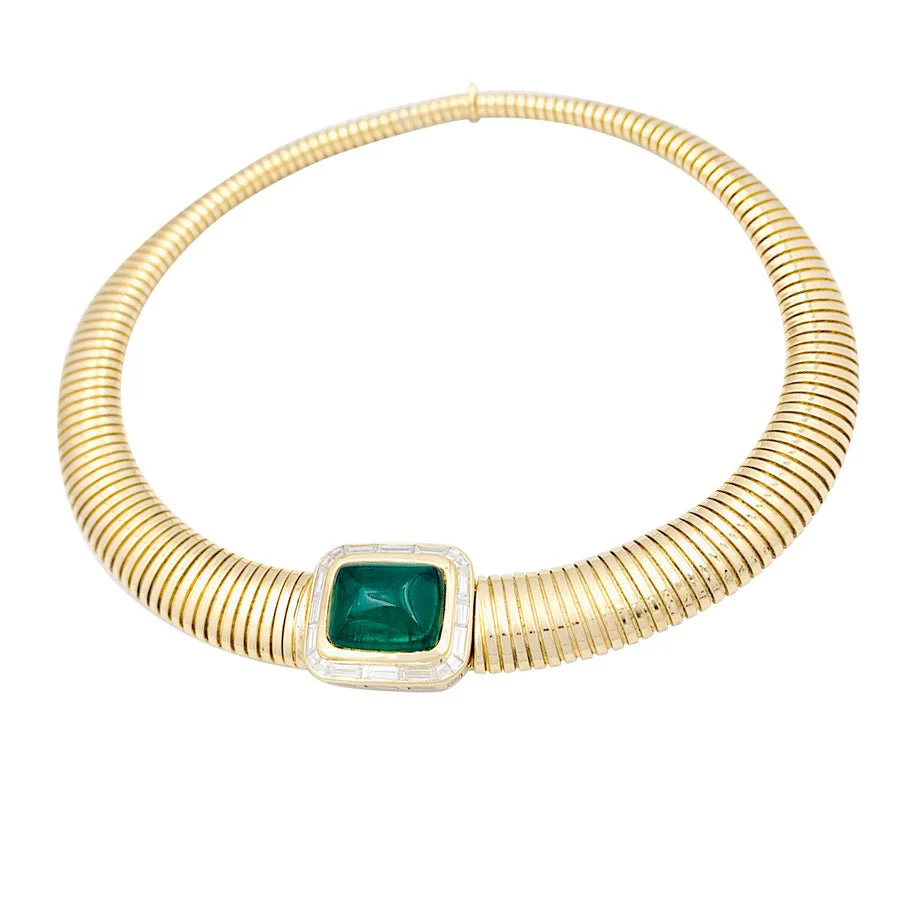 Vintage tubogas necklace, yellow gold, emerald and diamonds - Image 4