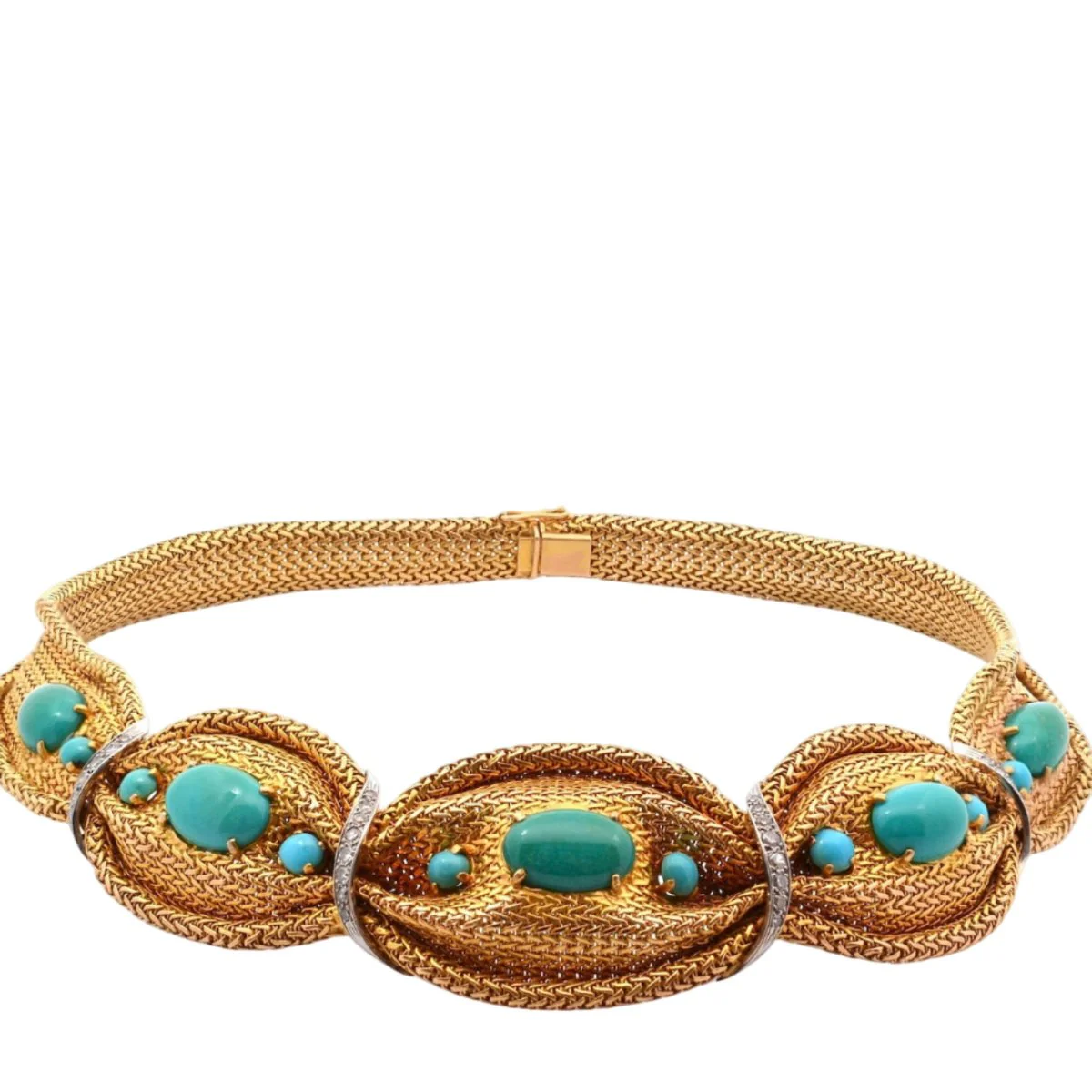Gold, platinum, turquoise and diamond mesh necklace