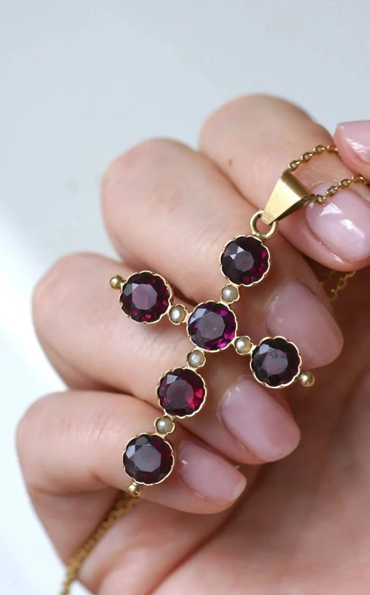 Antique Garnet and Pearl Cross on Yellow Gold - Image 4