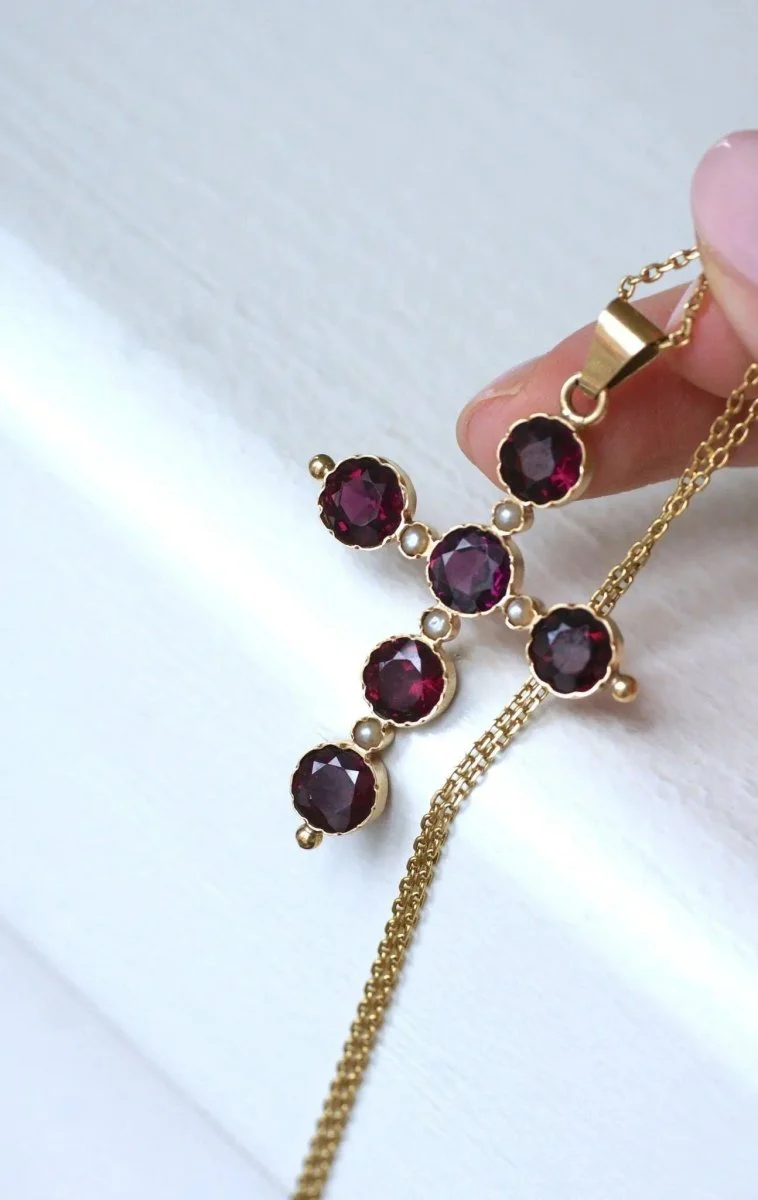 Antique Garnet and Pearl Cross on Yellow Gold - Image 7