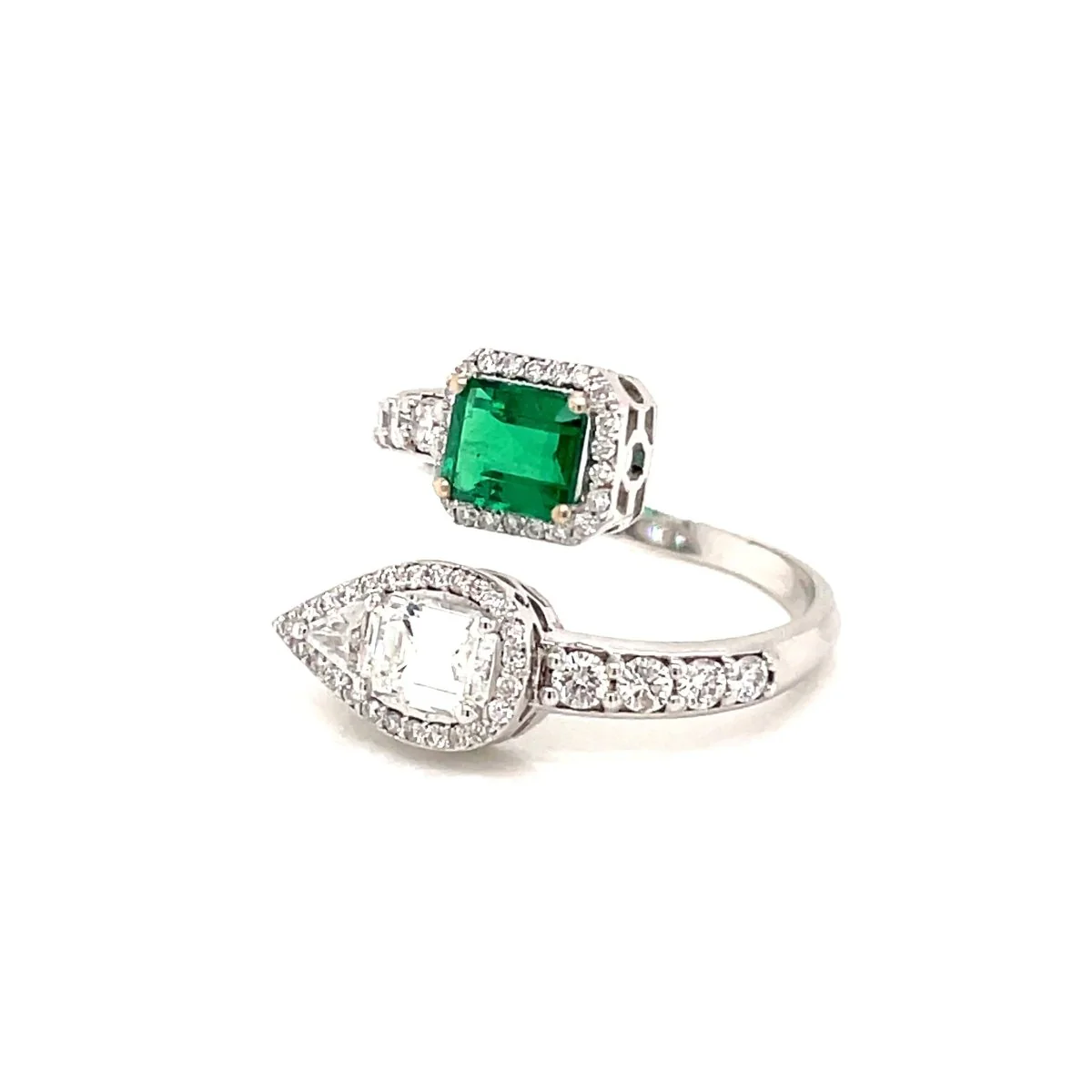 Summer Certified Colombian Emerald Diamond Bypass Gold Ring - Image 2