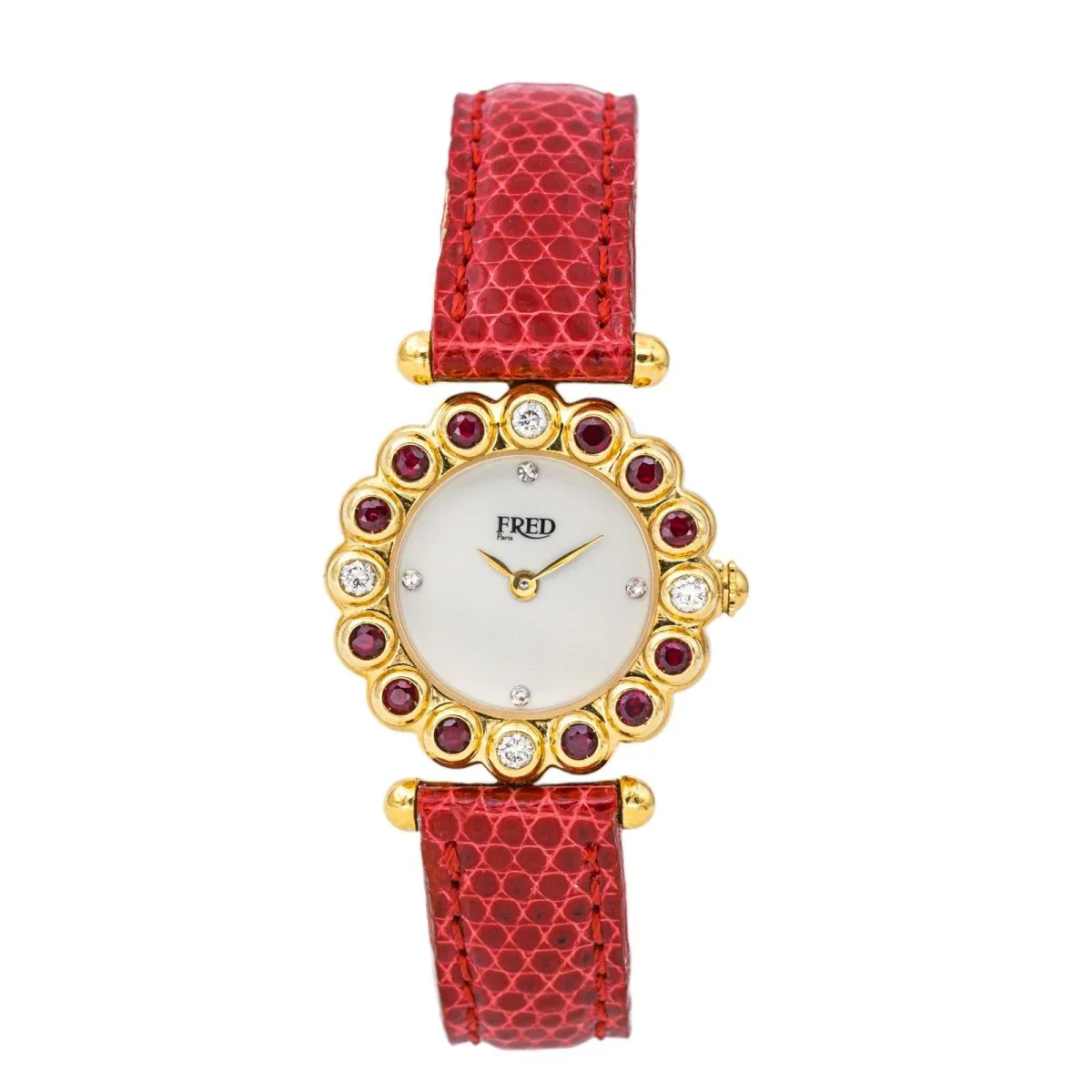 FRED "Concerto" watch in yellow gold, rubies, leather, quartz and diamonds