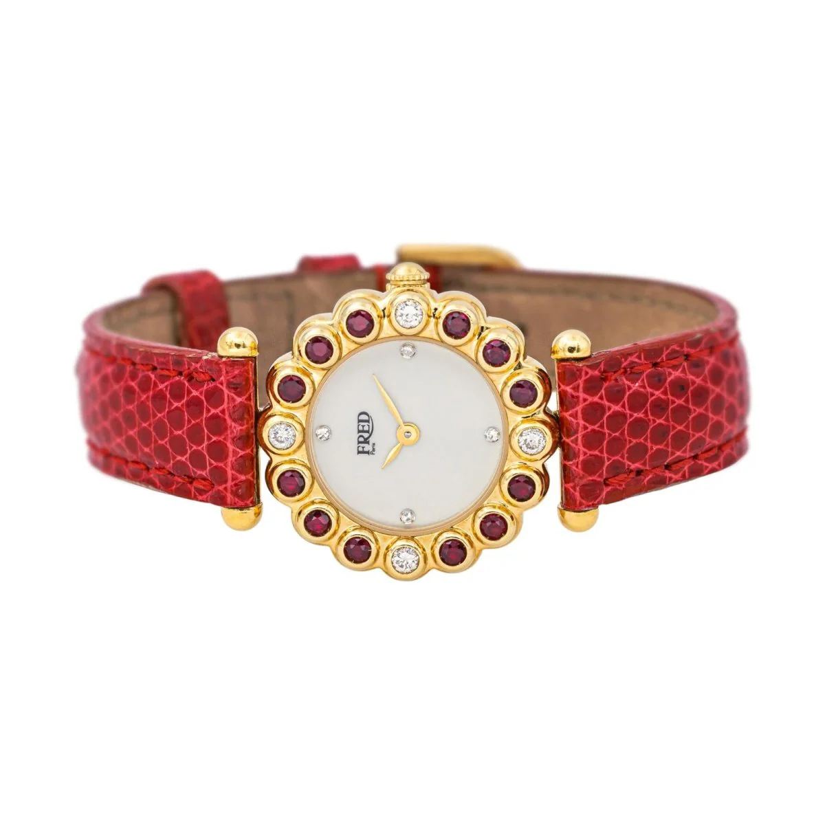 FRED "Concerto" watch in yellow gold, rubies, leather, quartz and diamonds - Image 4