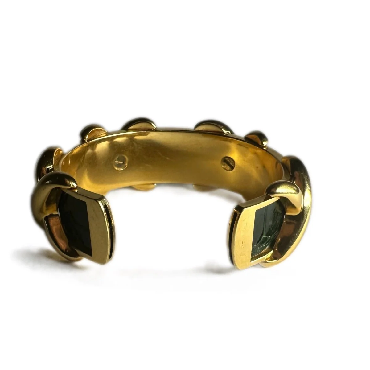 Bracelet HERMÈS Croisillons en métal doré et cuir de crocodile vert - Image 2