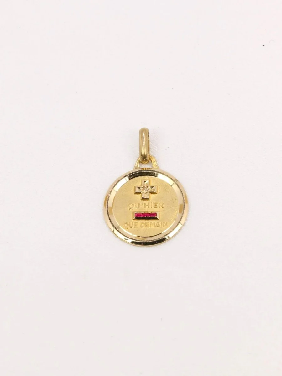 Augis love medal round More than yesterday less than tomorrow yellow gold diamond ruby
