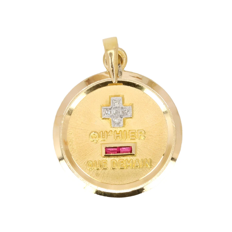 AUGIS love medal round More than yesterday less than tomorrow yellow gold ruby diamonds