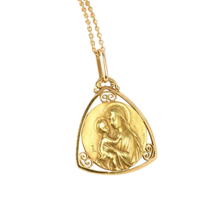 Art Nouveau medal in yellow gold signed Mazzoni, Virgin and Child - Image 3