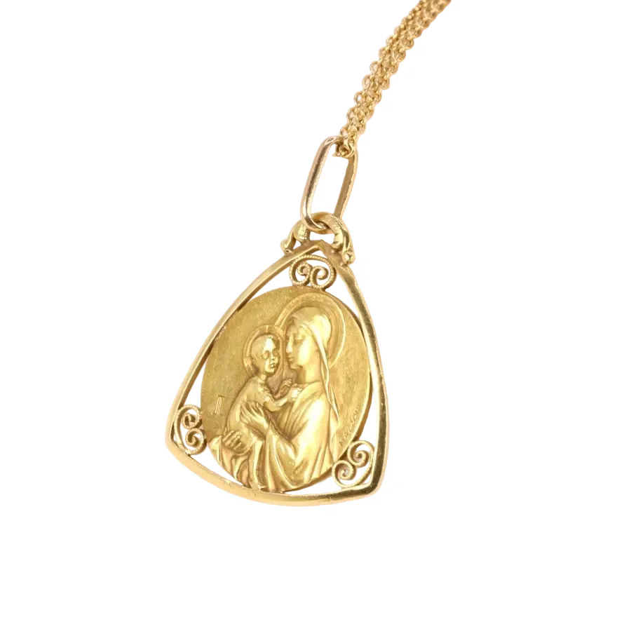 Art Nouveau medal in yellow gold signed Mazzoni, Virgin and Child - Image 4