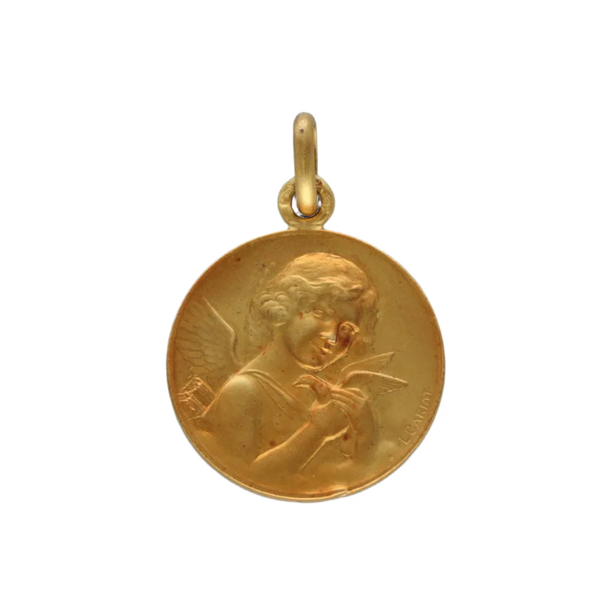 Boucheron "Love Angel with Dove" medal in solid 18k yellow gold circa 1970. Original box.
