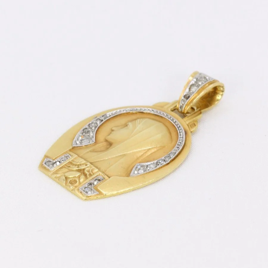 Religious medal Art Deco Virgin in profile yellow gold diamonds rose cut - Image 3