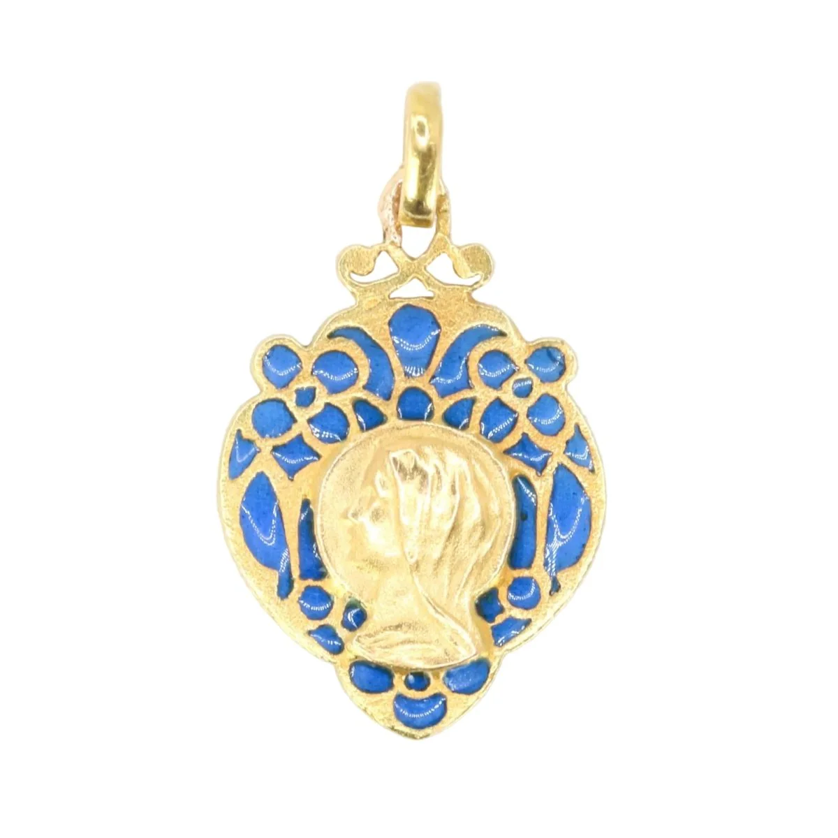 Religious medal Art nouveau enamel plique à jour bleu
